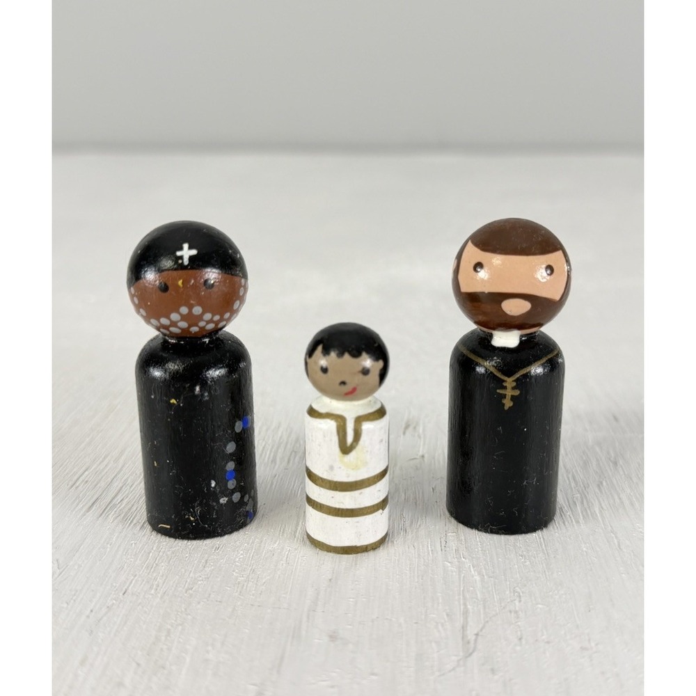 Wooden Peg Doll Priests & Alter Boy Religious Figures - Hand Painted Set Of 3